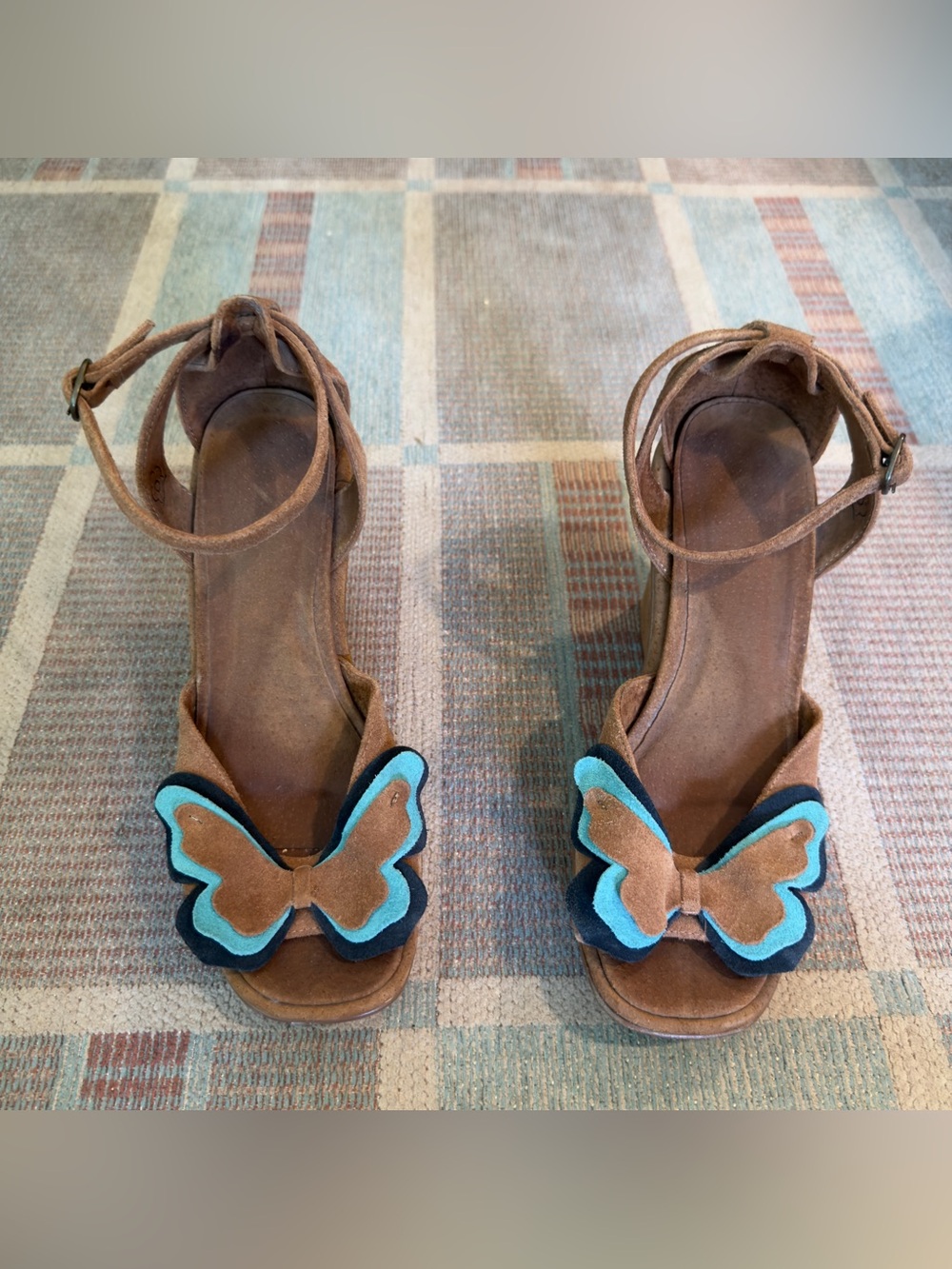 Y2K Brown Suede Ankle-Tie Wedge Heel Sandals with Turquoise Butterfly Accent